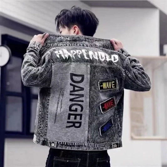 Men's Denim Jacket Patch Autumn with Print Male Jean Coats