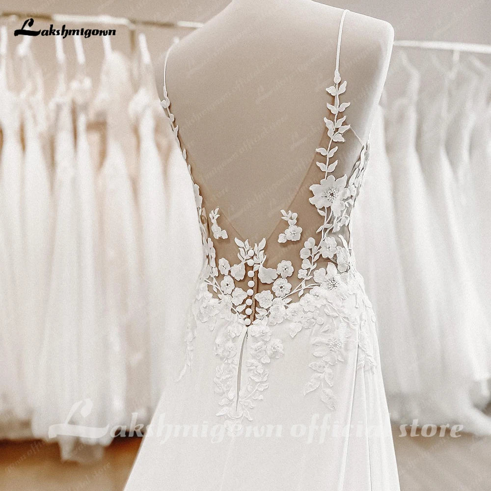 White Bridesmaid Dresses: Straps Boho Lace Wedding Dress V Neck Lace Appliqued