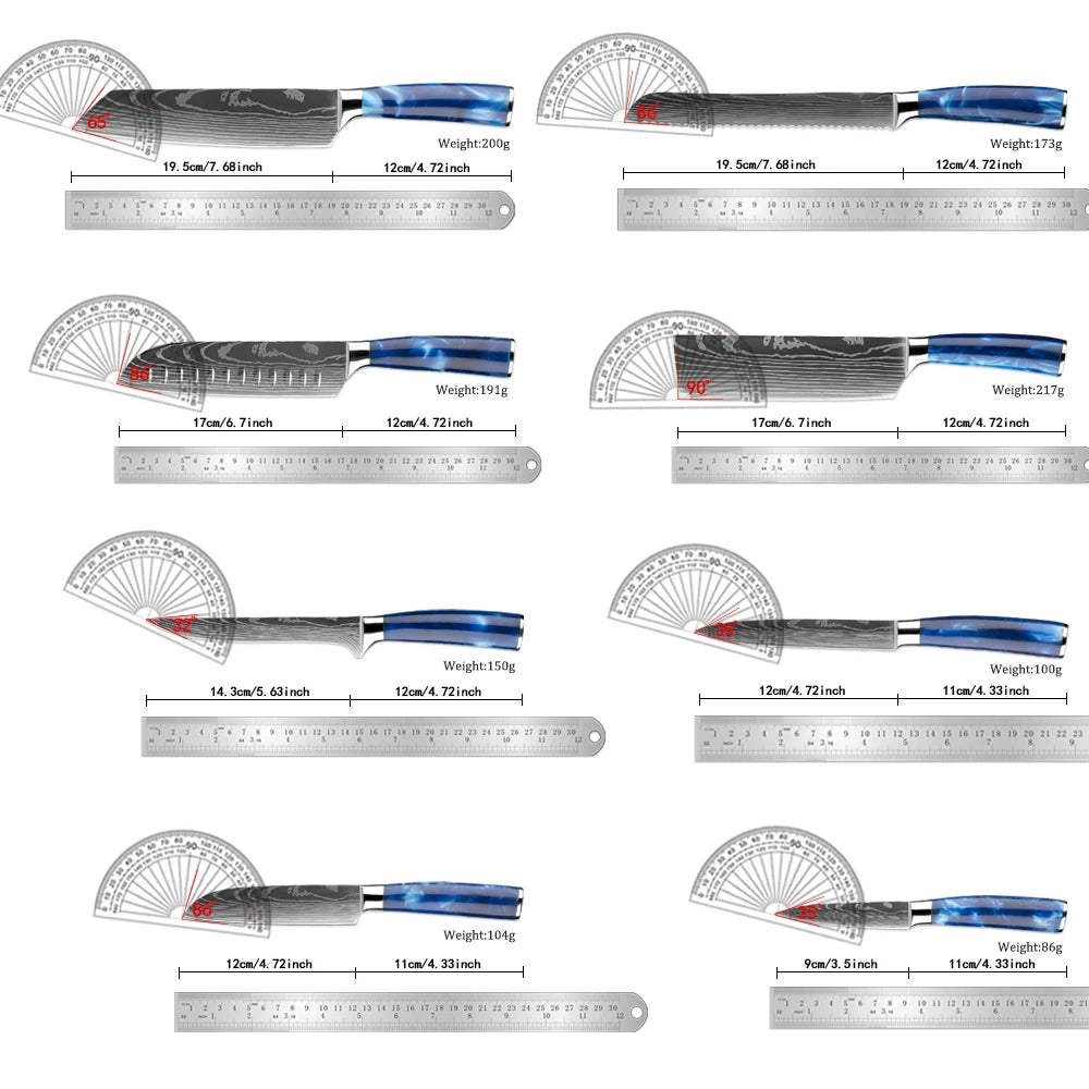 1-8 Piece Kitchen Knife Set, Blue Resin Handle for Chef Knife, Paring Knife