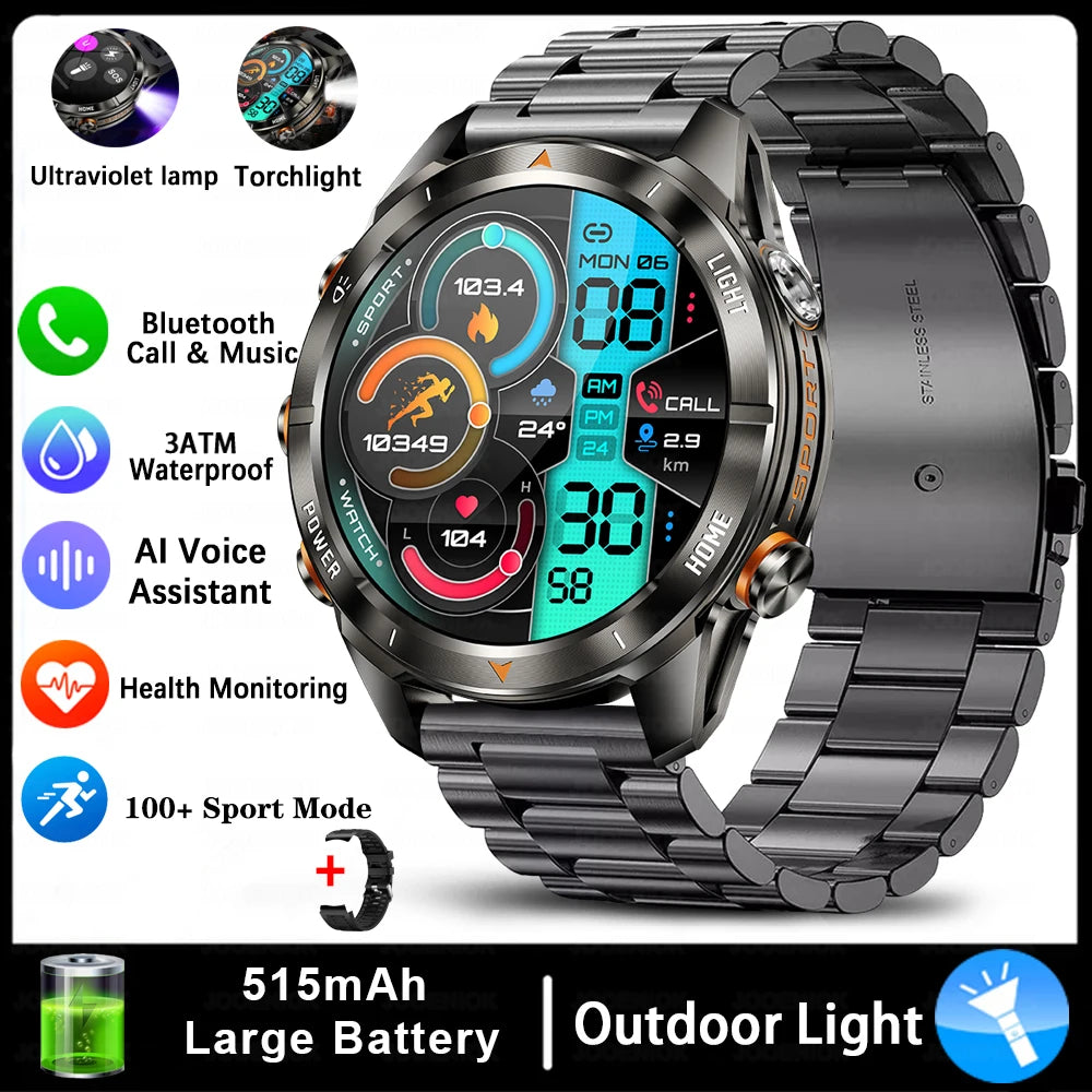 Military Smart Watch Men 10ATM Waterproof 1.46" AMOLED Screen LED Flashlight 515mAh Battery Heart Rate Sport BT Call Smartwatch