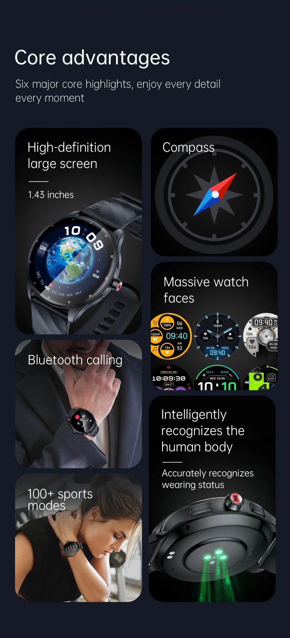 KUMI GW3 Pro Smartwatch 1.43" AMOLED IP68 Waterproof Bluetooth 5.2 Fitness Tracker Heart Rate Blood Oxygen Monitor