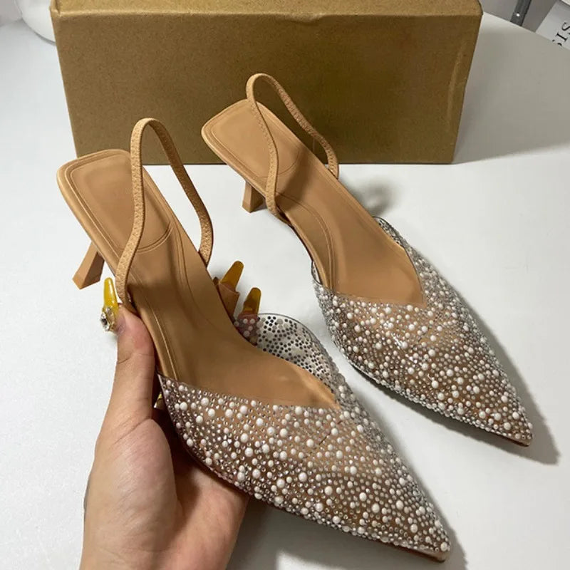2024 Summer Women's High Heeled Sandals Transparent Pointed Toe Elegant Ladies Fashion Shoes Pearl Decoration Slingback Sandal