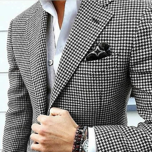 Italian Style Men's Blazer Houndstooth Casual Man Suit Jacket Notched