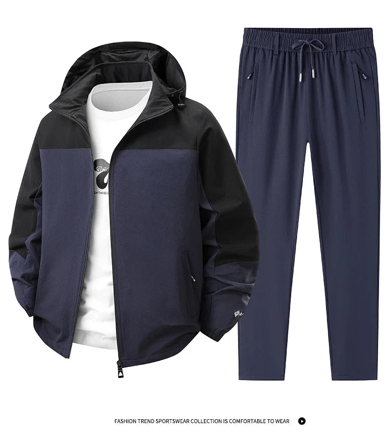 Men Spring Autumn Sport Set Comfortable Breathable Detachable Hooded Jacket Pant Set Training Morning Fitness Running Sport Suit