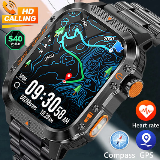 2025 New Military Outdoor Smart Watch Men's GPS Flashlight Bluetooth Call 2.01" AMOLED Screen 3ATM Waterproof Sports Smartwatch