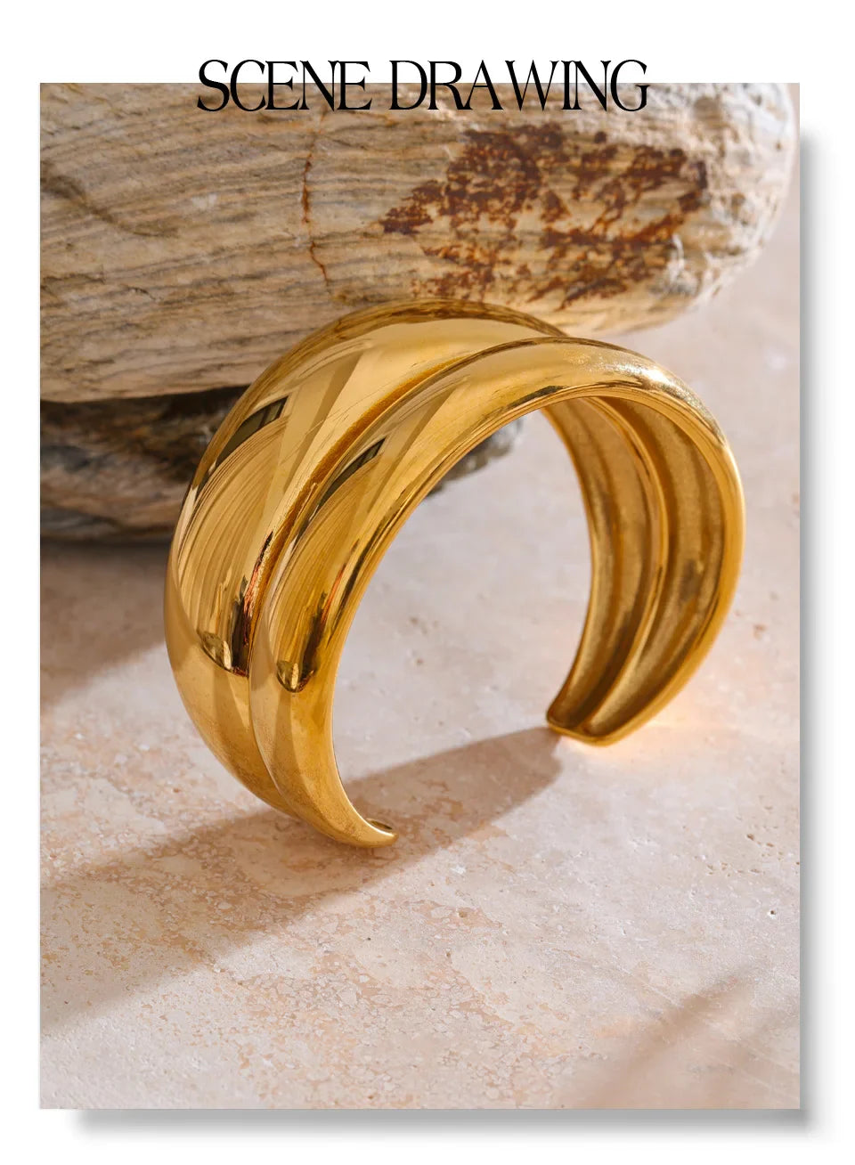 Yhpup 18K Golden PVD Plated Stainless Steel Double Layer Cuff Statement Bracelet Bangle Smooth Metal Texture Attractive Jewelry