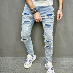 Men Holes Casual Skinny Jeans Pants Streetwear Male Stylish Ripped Solid Hip Hop