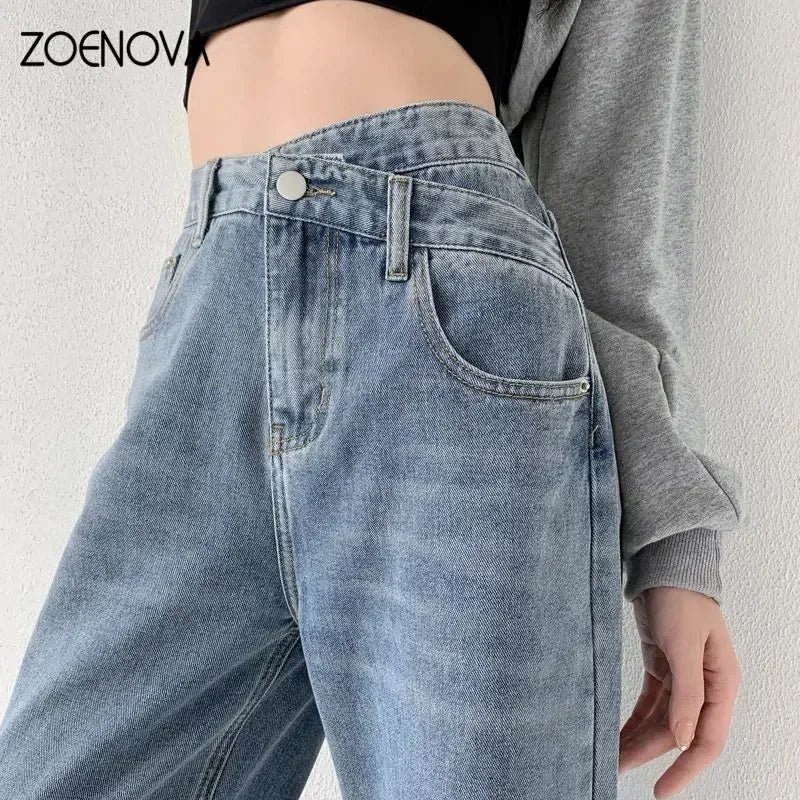 Baggy Straight Jeans Y2K Office Lady Women's Loose Pants Fashion Light Blue Cross