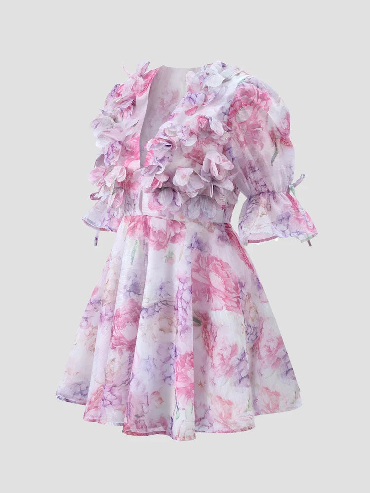 Chic Floral Printed Mini Dress Backless Sleeveless Hem Stacking Dresses Sweet A Line Vestidos 2025 New Lady Party Club Clothing