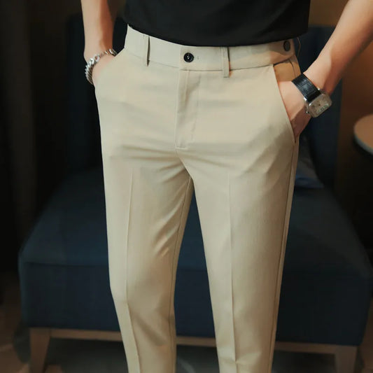 Men's Formal Trousers Belt Design Man Dress Pants Simple Slim Fit