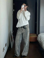 Leopard Print Jeans Woman Y2k Retro Street American Wide Leg Korean Style Jeans