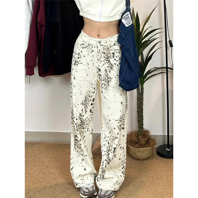 American Retro High Street Casual Leopard Print Loose Wide Leg Pants