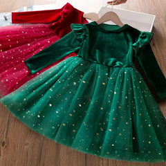 Red Christmas Dress for Baby Girls Winter Long Sleeve Mesh Dresses