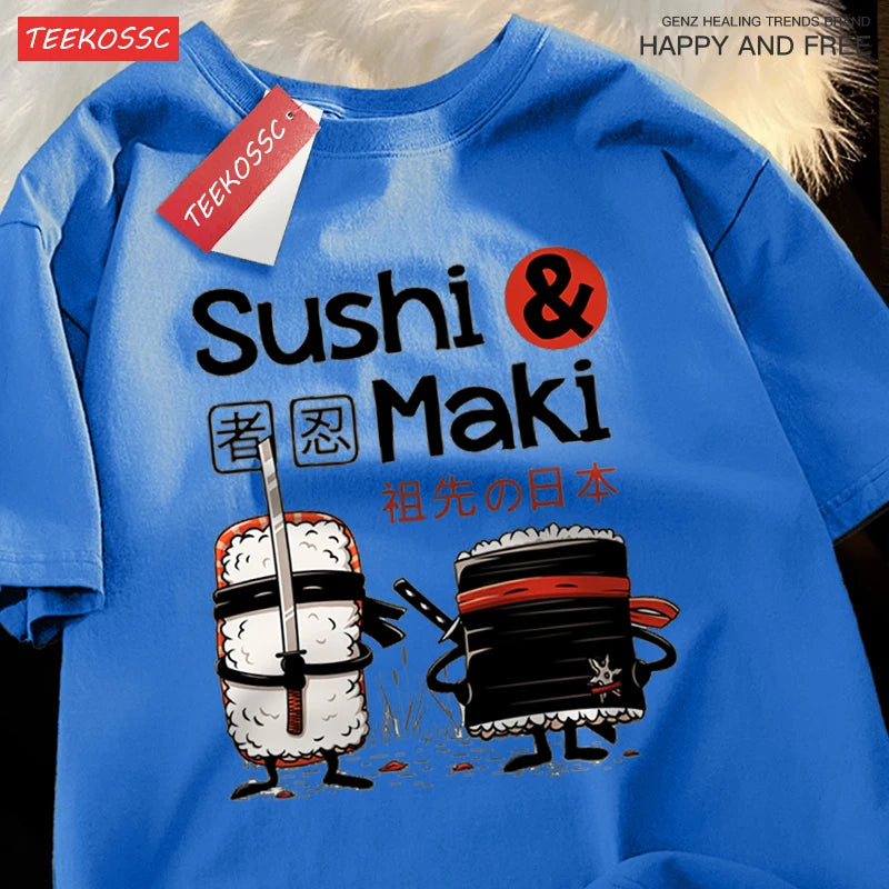 Theduc Sushi And Sushi Printing Men Women Tshirt Cotton T-Shirts Loose T Shirt Crewneck Loose Tops Fashion Clothes Unisex