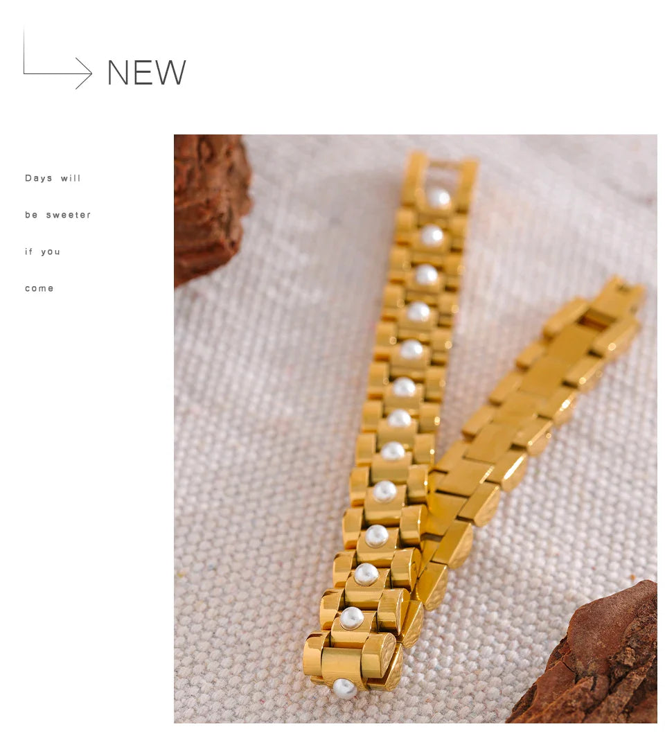 Yhpup 18cm Stainless Steel Imitation Pearls PVD Gold Plated Thick Cuban Chain Charm Bangle Bracelet Fashion Jewelry Wome