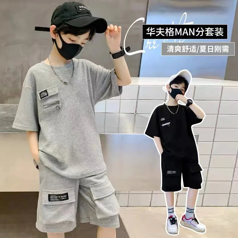 Boys Loose Casual Sets Summer Big Kids Short Sleeve Clothing Suit Teen Sport T-Shirt Tops+Shorts 2Pcs Children Fashion Outfits