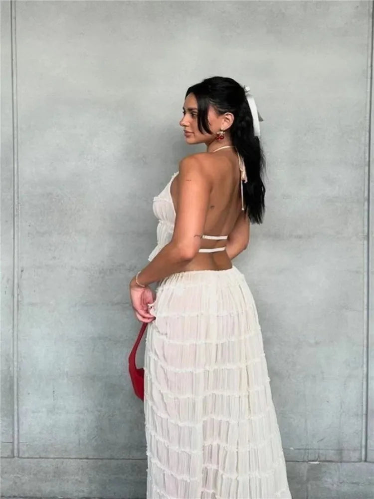Holiday Beige White Two Pieces Suits Backless Halter Short Tank Vest
