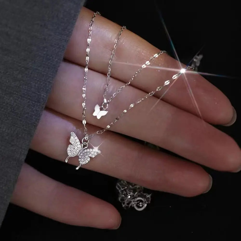 Korean Trend Love Butterfly Clavicle Chain For Women Shiny Multilayered Heart Necklace Collarbone Chain Valentine's Day Gifts