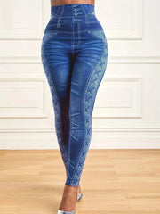 Plus Size High Waist Faux Denim Jean Leggings Slim Elastic Seamless Skinny Pencil Pant