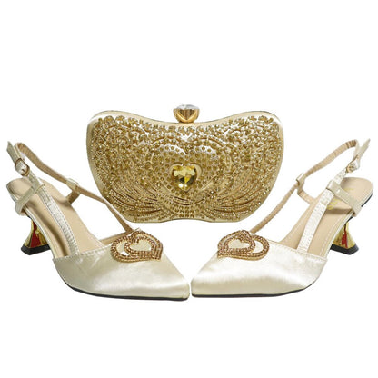Gold Color Shoes And Purse To Match Set Style PU With Stone Pumps