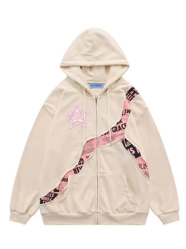 Deeptown Vintage Zip Up Hoodies Women Harajuku Hip Hop Letter Print Coats