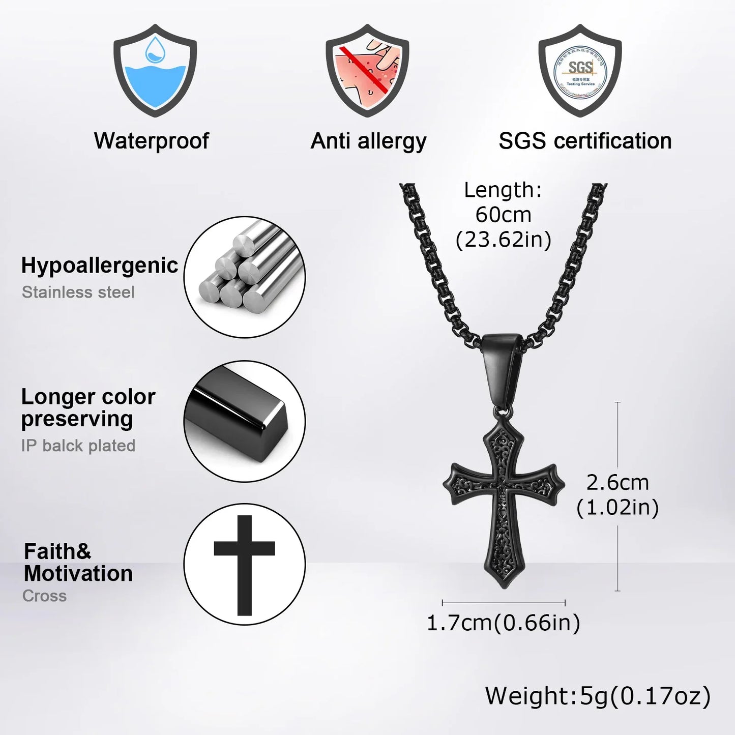 Hip Hop Cross Necklace for Men Women,50/55/60cm Stainless Steel Chic Cross Pendant,Christian Classic Jewelry Gifts