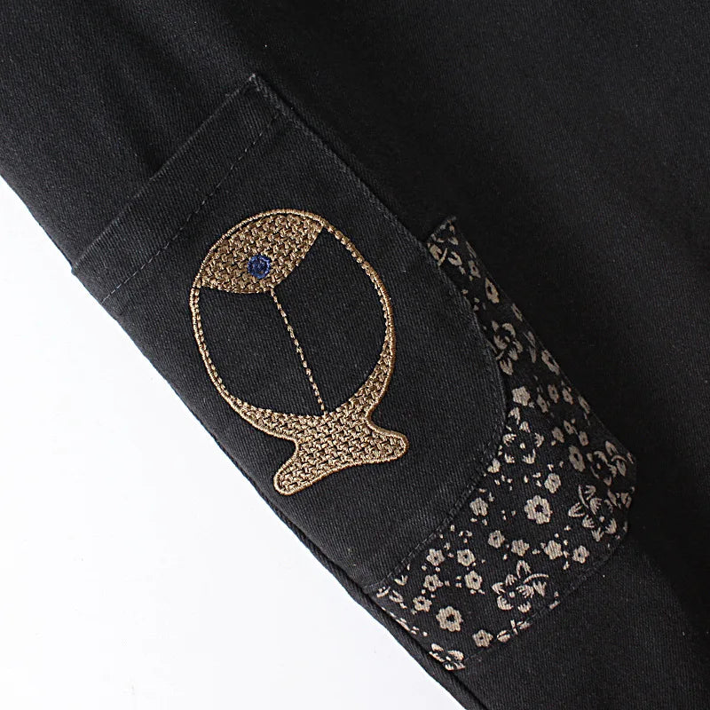 5XL Plus Size Jeans Women's Clothing Fall/Winter Fish Embroidery Pocket Floral Patch Pants