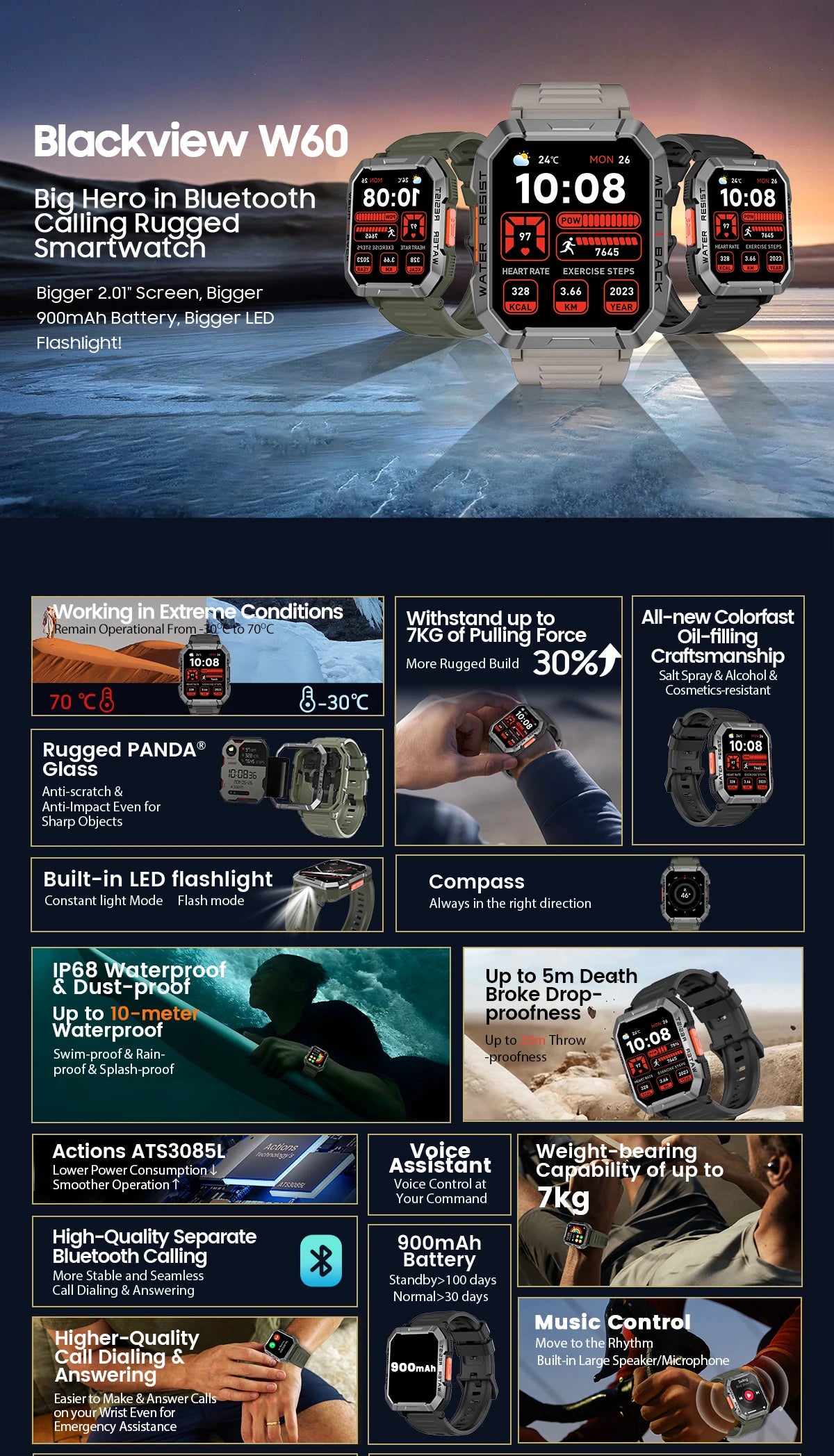 Blackview W60 Smartwatch 2.01'' HD Display TFT Rugged Smart Watch for Outdoor With Emergency Lighting Bluetooth Calling