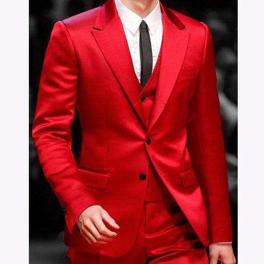 Slim Fit Red Men Suits for Prom Singer Stage 3 Piece Satin Wedding Groom Tuxedo