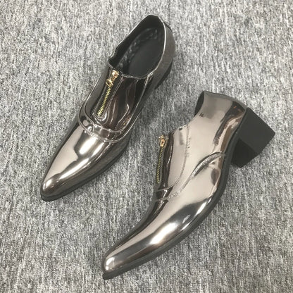 Silver Height Increase Men Shoes 38-46 Leather Wedding High Heels Dress Shoes Formal Slip-On Career Work Shoes