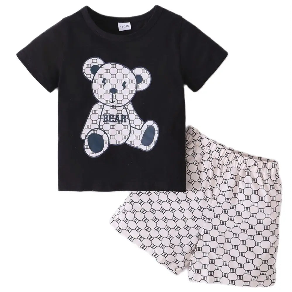 2PCS Kids Boys Summer Clothing Set Bear Print T-shirt + Wave Point Shorts Fashion Casual Sports Suit for Children Boy 1-6 Years