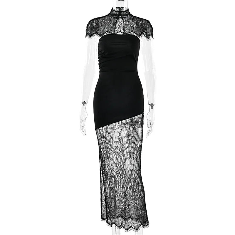 Mozision Lace Backless Sexy Mini Dress Women Gown Elegant See Through Turtleneck Sleeveless Bodycon Club Party Dresses Female