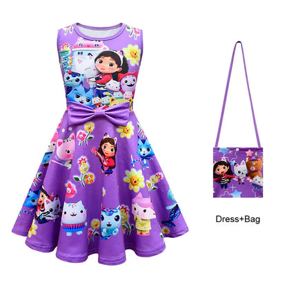 Summer Gabbys Dollhouse Dress For Teen Girl Costume Gabby Doll House Kid Up Print Bow Party Princess Frock Children Tunic