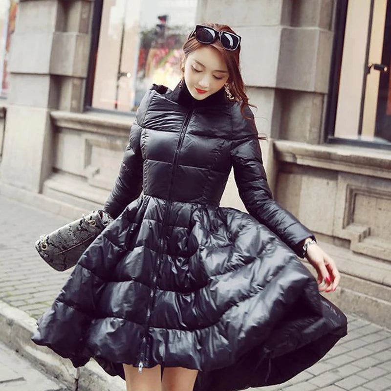 Thick Cotton Jacket For Women Stand Collar Long Sleeve Patchwork Ruffles