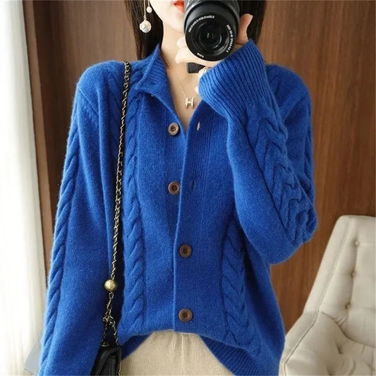 Half High Collar Twists Knitted Cardigan Autumn And Winter High-End Casual Loose