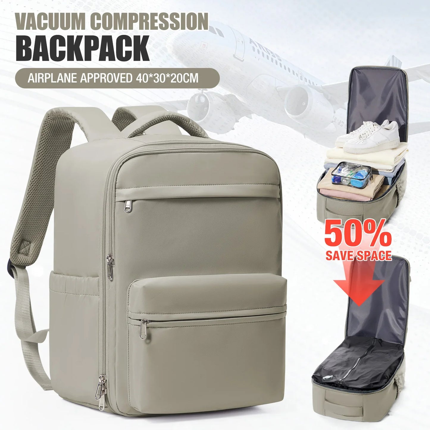 Men Vacuum Compression Backpack 15.6in Laptop Backpack Expand Hiking Vacuum Travel Backpack, Ryanair Backpack 40x30x20 Cabin Bag