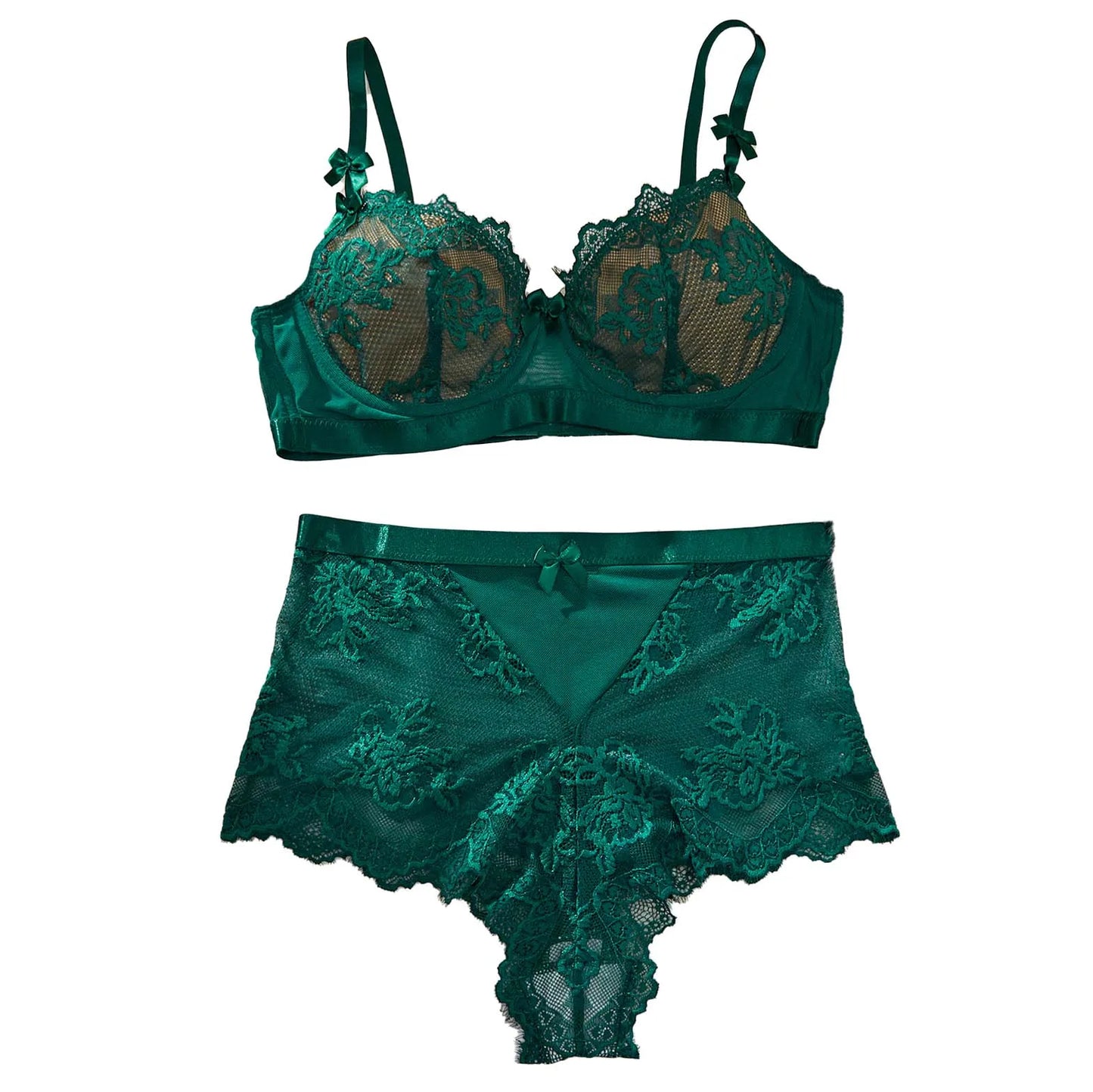 Women's 2pcs Bow Decor  Lace Lingerie Set,Contrast Lace Bra &  Hi waist boyshort