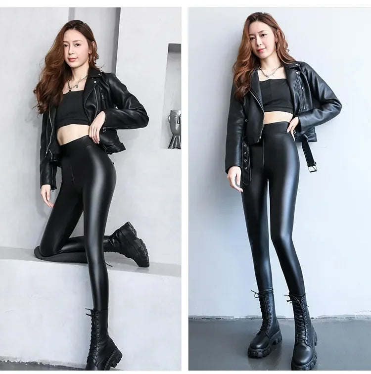 Women's Pants Velvet PU Leather Leggings Winter Ladies High Waist Fleece