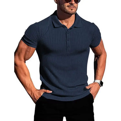 Men's running sports fitness wear summer high stretch vertical short-sleeved POLO shirt slim knit base shirt