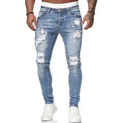 Mens Denim Pants Europe and America Breaking Holes Grinding White Jeans