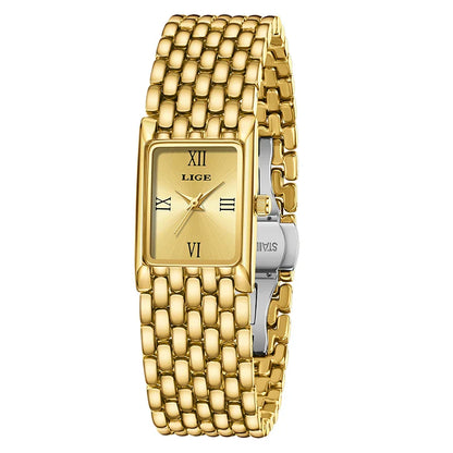 LIGE 2025 New Gold Women's Watch Luxury Quartz Watch Stainless Steel Bracelet Retro Fashion 30M Waterproof Watch for Women reloj