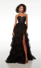 Black Lace Embroidery Prom Dresses Glitter Tulle Layering Prom Dress