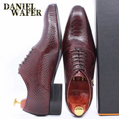 Fashion Men Dress Leather Shoes Snake Skin Prints Classic Style Wine Blue