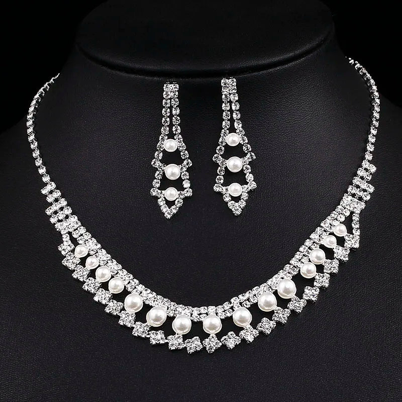 TREAZY Silver Color Pearl Crystal Bridal Jewelry Sets Wave Shape Choker Necklace Earrings Sets for Women Wedding Jewelry Sets
