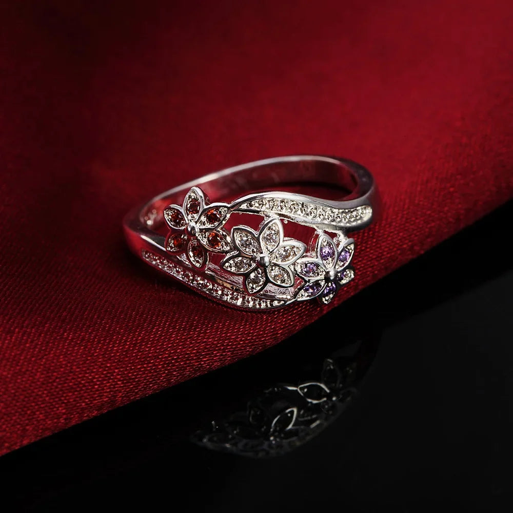 925 Sterling Silver For women lady wedding inlaid stone crystal flower ring