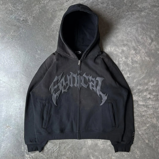 Hooded American retro zipper sweatshirt Gothic letter star print hoodie trendy men's casual