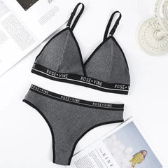 Women Cotton Bra Low Waist Panties Lingerie Set Letter Print Push Up Bras