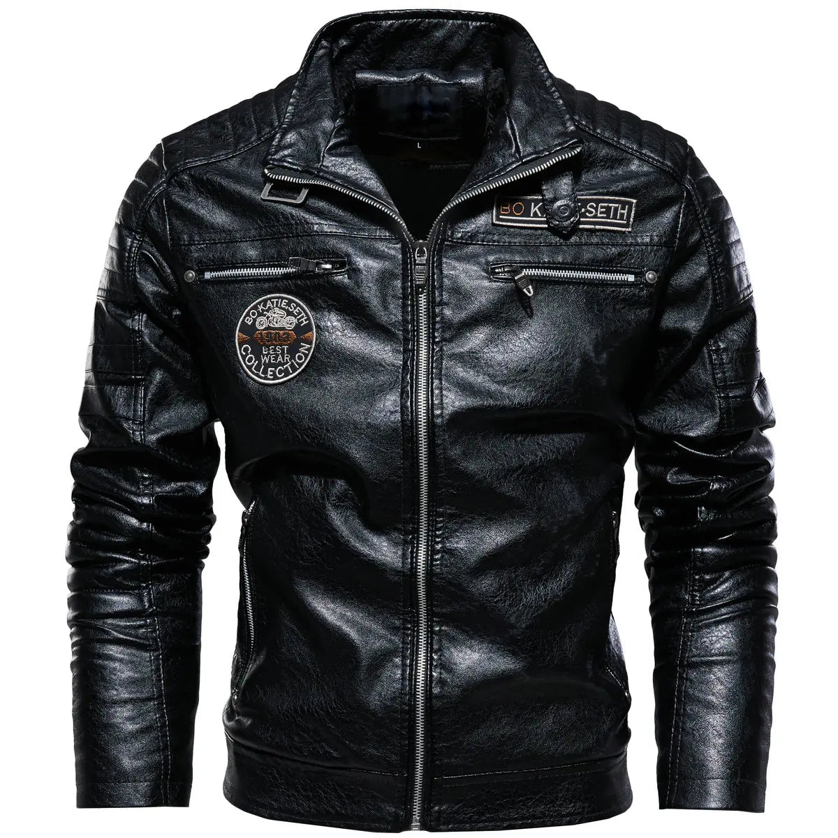 Leather Jacket Men Winter Fleece Motorcycle PU Leather Jacket Mens Stand Collar