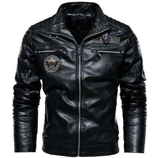 Leather Jacket Men Winter Fleece Motorcycle PU Leather Jacket Mens Stand Collar