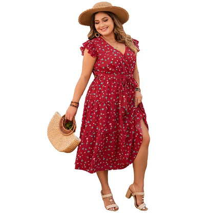 Plus Size Ruffle Cap Sleeves Wrap V Neck Swing Midi Dress Waist Belt A Line Tiered Print Boho Robe Summer Beach Sundress